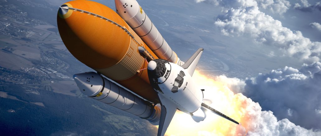 Space Shuttle Flying Over The Clouds. 3D Scene.